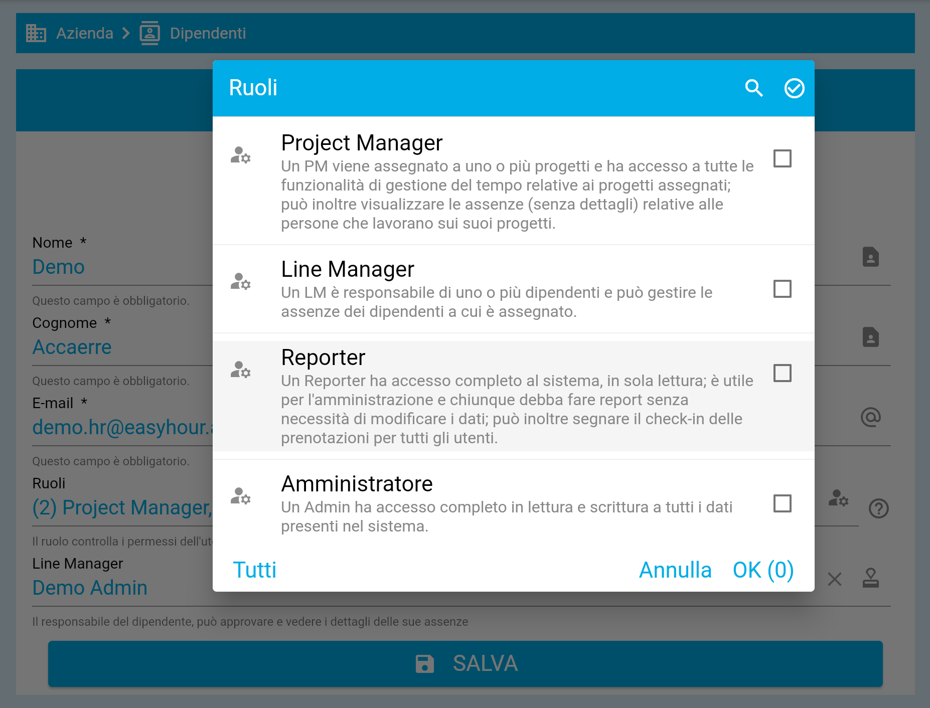 Ruoli utente in EasyHour