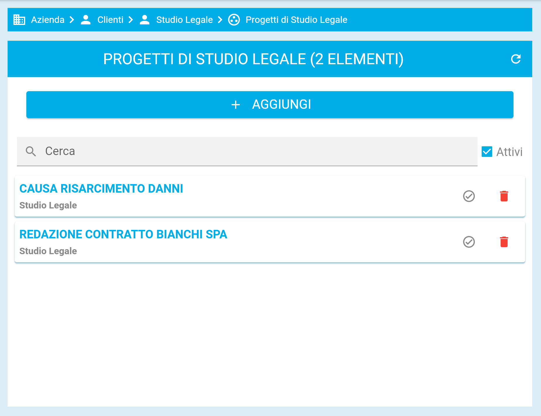 Elenco dei progetti di un cliente in EasyHour
