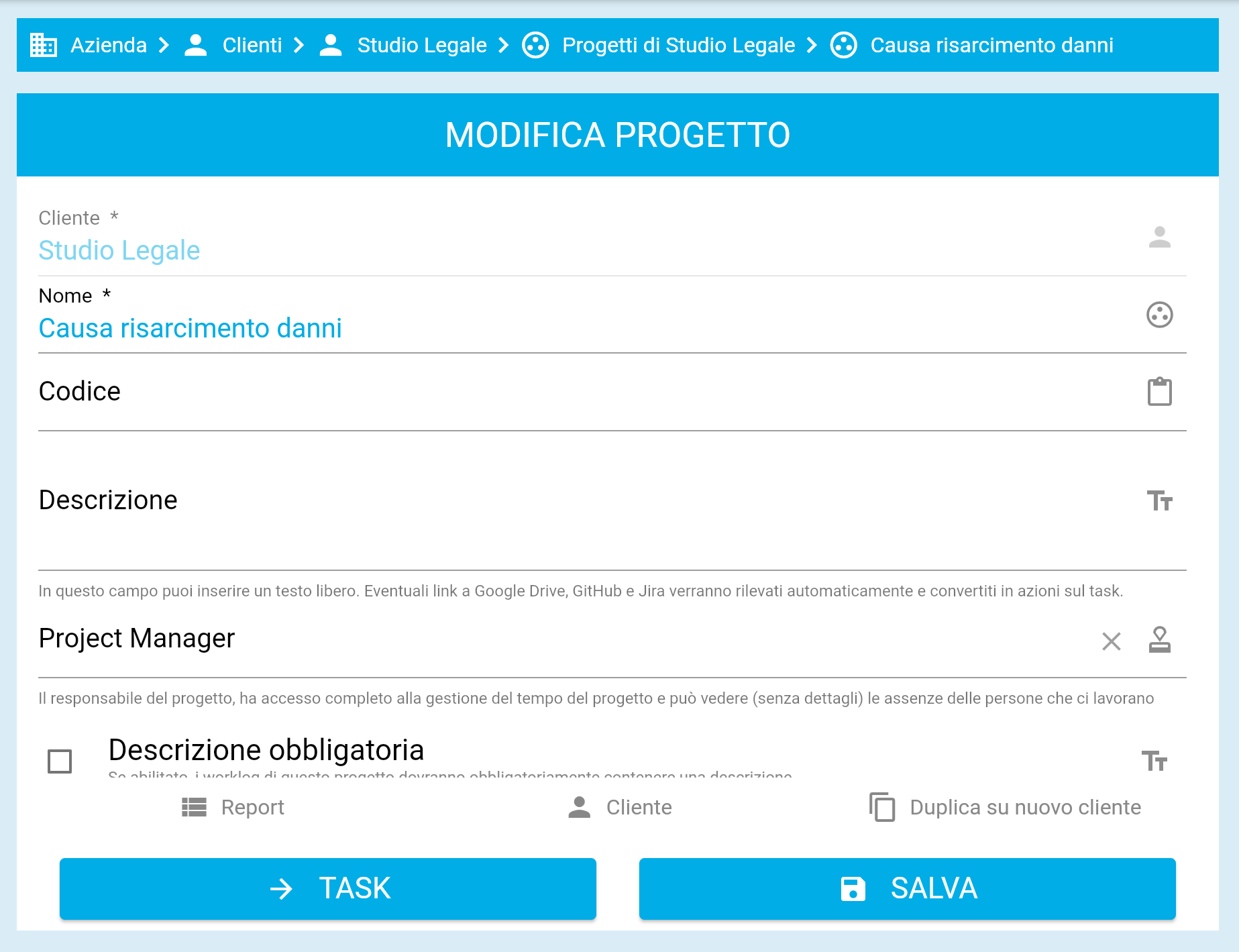 Dettaglio di un progetto in EasyHour