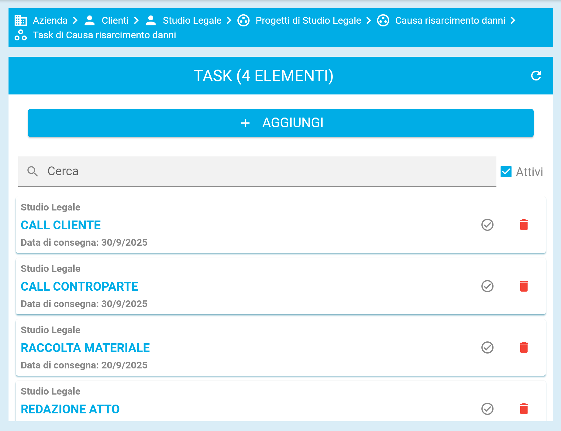 Elenco dei task di un progetto in EasyHour