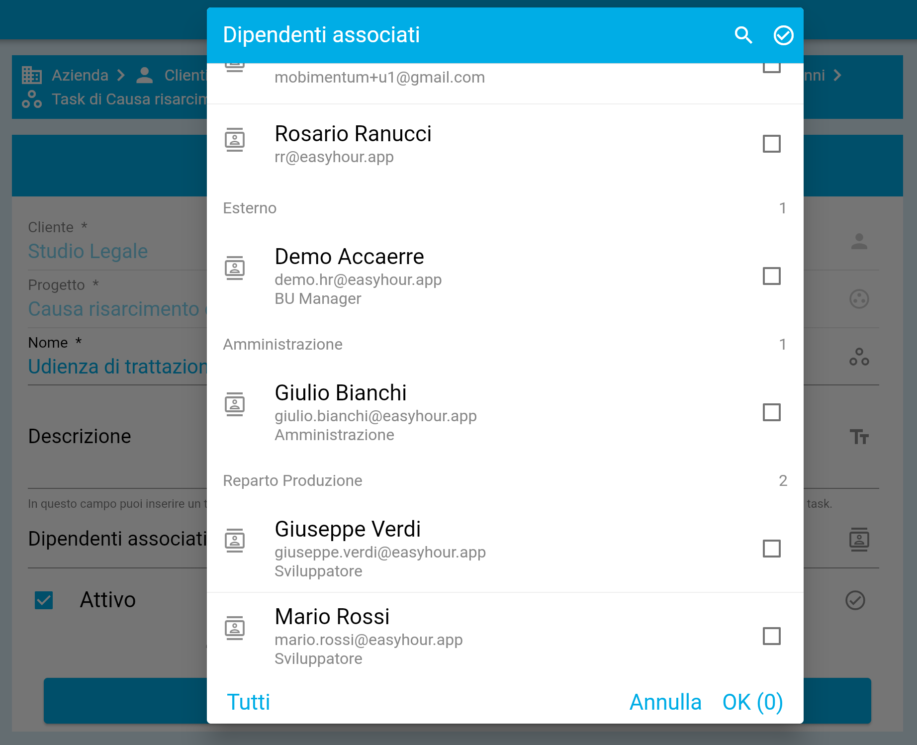 Associa una commessa a un dipendente in EasyHour