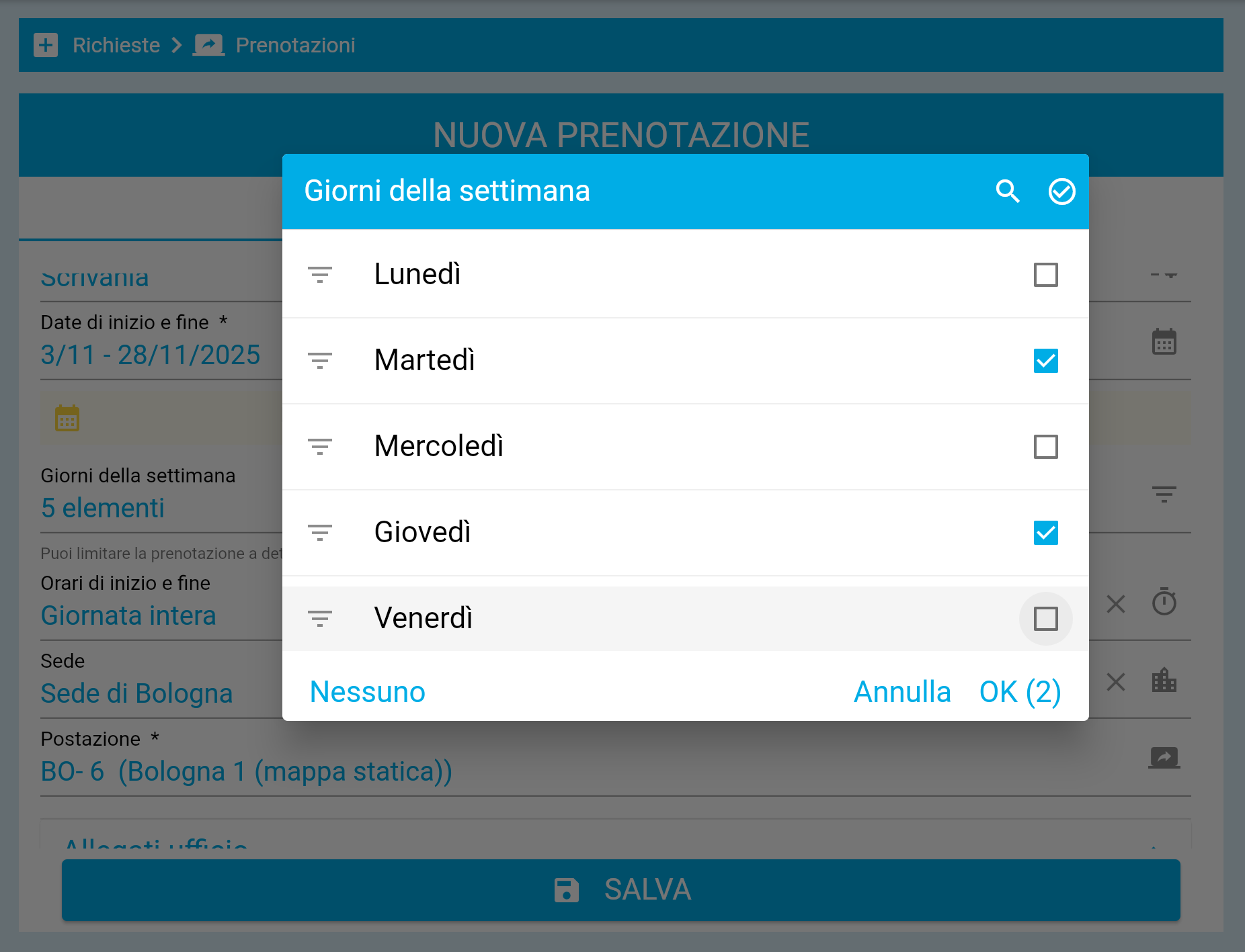 Selezione dei giorni della settimana da prenotare in EasyHour