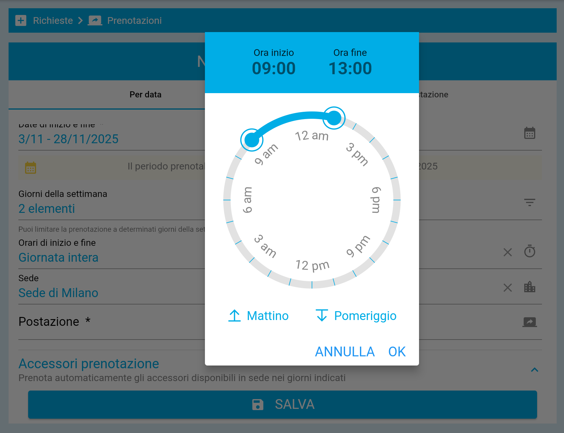 Selezione della fascia oraria di prenotazione in EasyHour